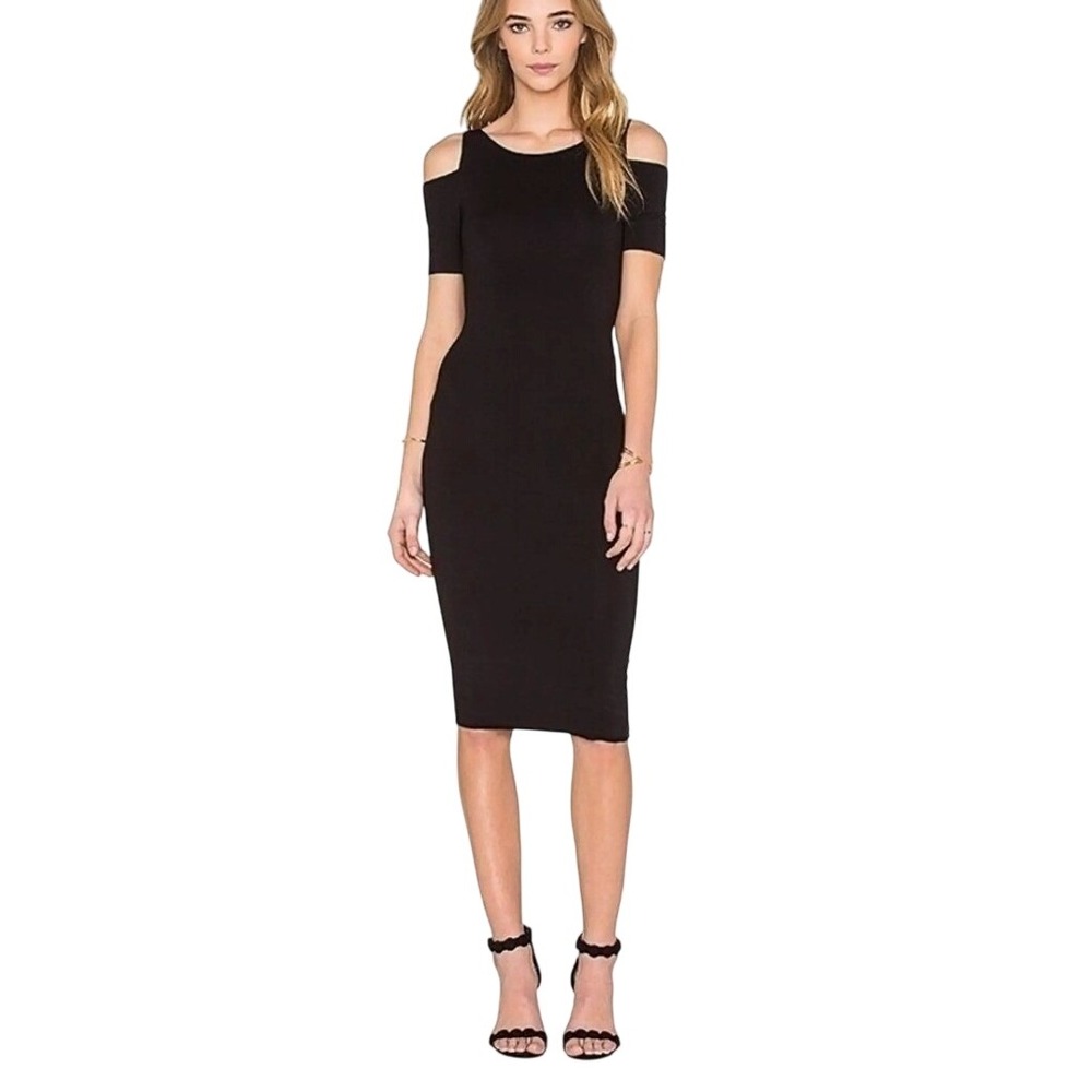 NWT Monrow Womens Cold Shoulder Midi Dress Black Cotton Spandex XS Stretch LBD